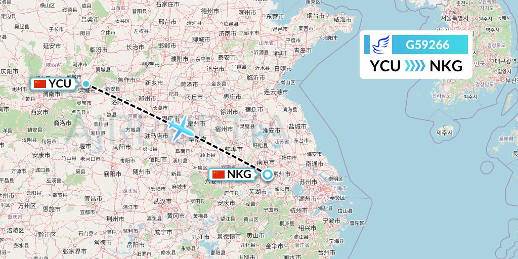G59266 China Express Airlines Flight Map: Yuncheng to Nanjing