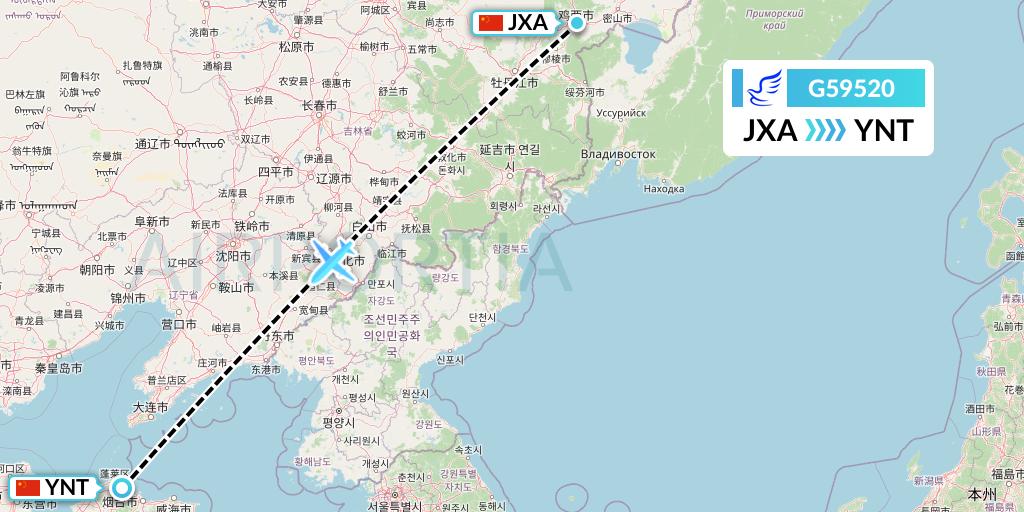 G59520 China Express Airlines Flight Map: Jixi to Yantai