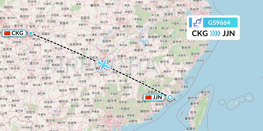 G59664 China Express Airlines Flight Map: Chongqing to Jinjiang