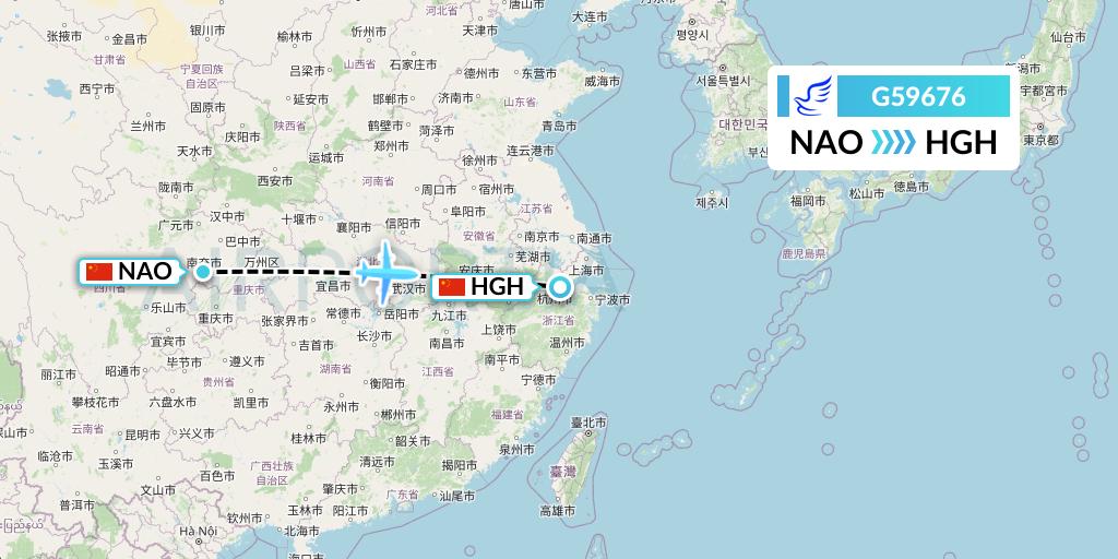 G59676 China Express Airlines Flight Map: Nanchong to Hangzhou