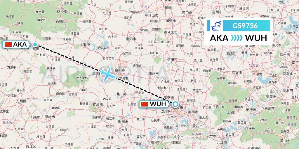 G59736 China Express Airlines Flight Map: Ankang to Wuhan