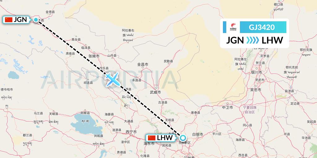 GJ3420 Loong Airlines Flight Map: Jiayuguan to Lanzhou
