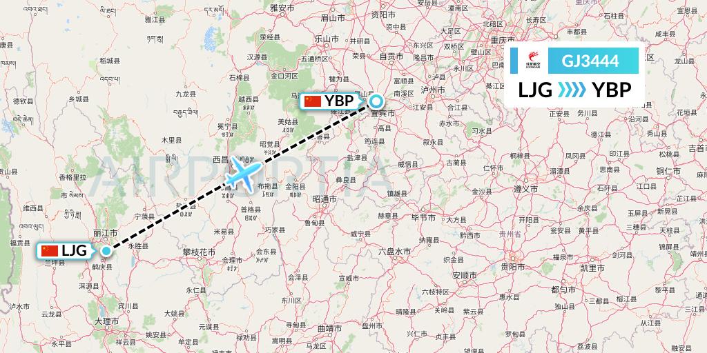 GJ3444 Loong Airlines Flight Map: Lijiang to Yibin
