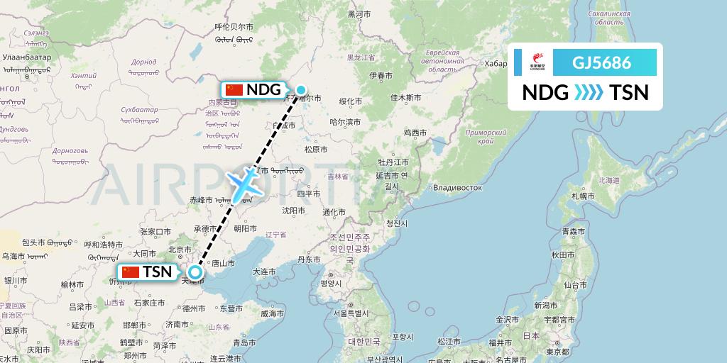 GJ5686 Loong Airlines Flight Map: Qiqihar to Tianjin
