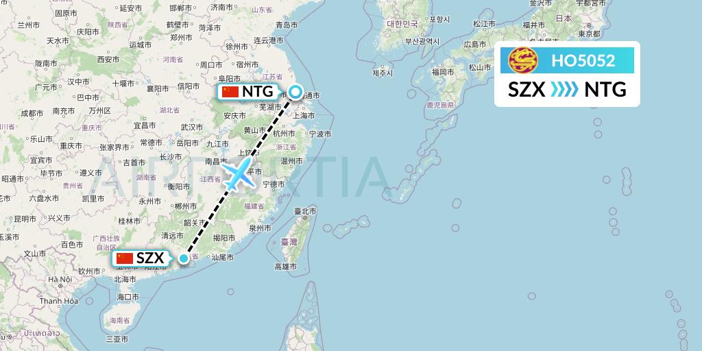 HO5052 Juneyao Airlines Flight Map: Shenzhen to Nantong