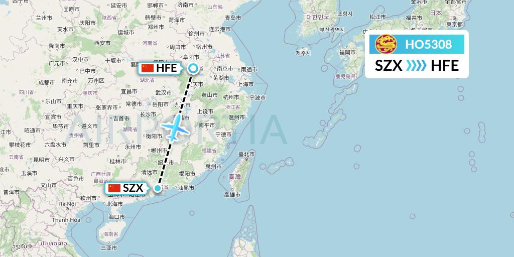 HO5308 Juneyao Airlines Flight Map: Shenzhen to Hefei