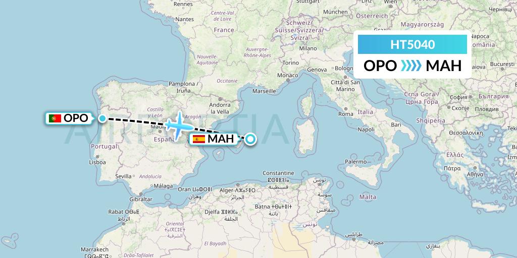 HT5040 Ningxia Cargo Airlines CO.,LTD Flight Map: Porto to Mahon