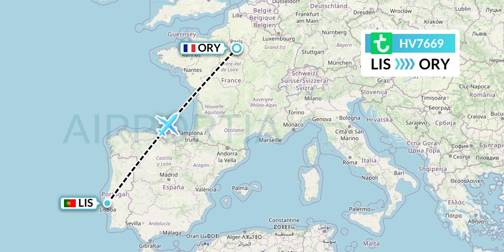 HV7669 Transavia Flight Map: Lisbon to Paris
