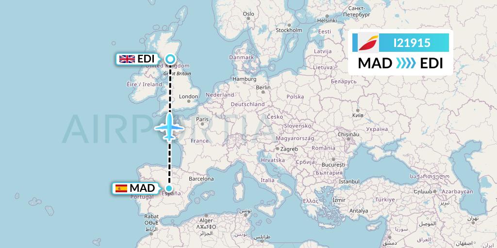 I21915 Iberia Express Flight Map: Madrid to Edinburgh