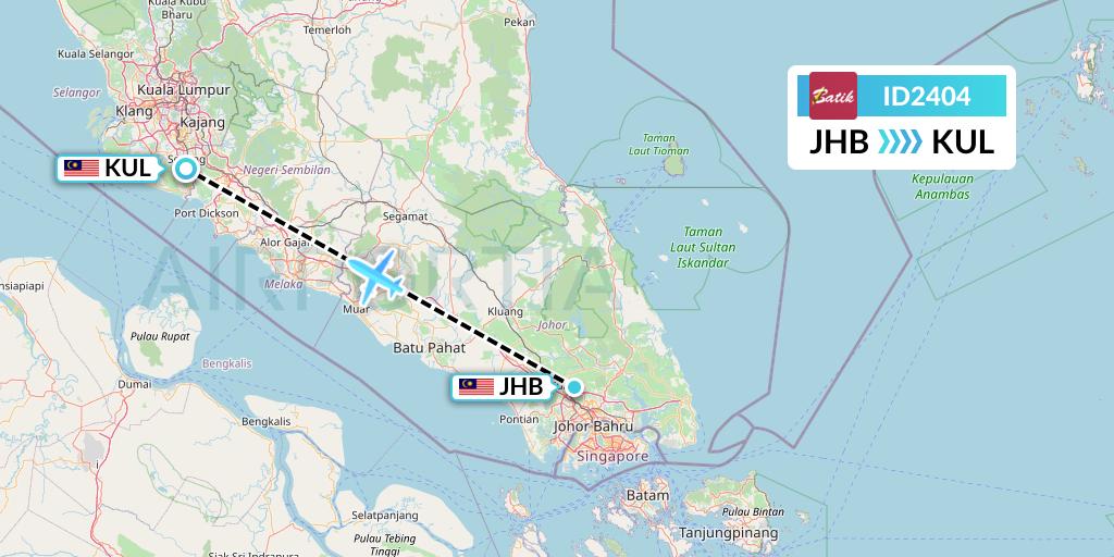 ID2404 Batik Air Flight Map: Johor Bahru to Kuala Lumpur