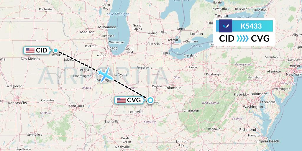 K5433 SeaPort Airlines Flight Map: Cedar Rapids to Cincinnati