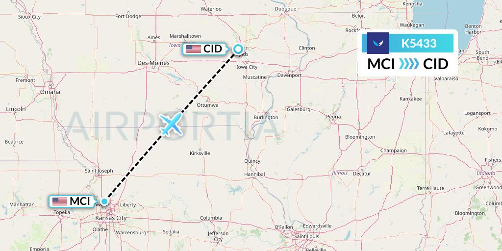 K5433 SeaPort Airlines Flight Map: Kansas City to Cedar Rapids