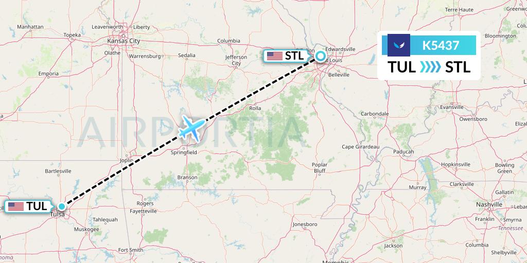 K5437 SeaPort Airlines Flight Map: Tulsa to St. Louis