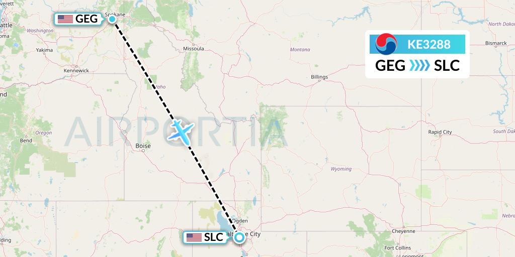 KE3288 Korean Air Flight Map: Spokane to Salt Lake City