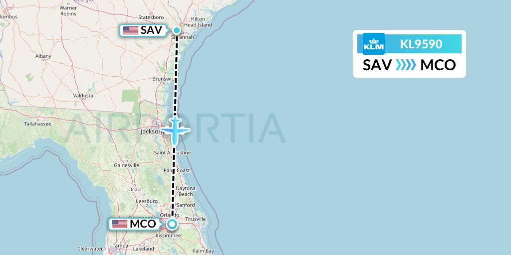 KL9590 KLM Flight Map: Savannah to Orlando