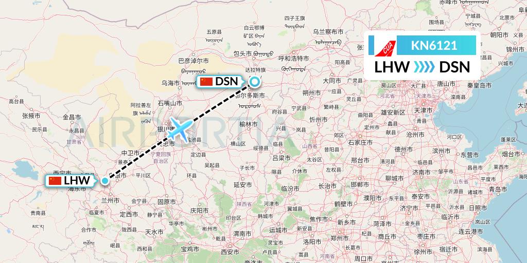 KN6121 China United Airlines Flight Map: Lanzhou to Dongsheng