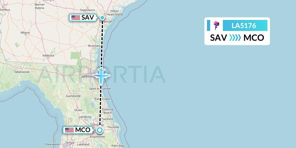 LA5176 LAN Airlines Flight Map: Savannah to Orlando