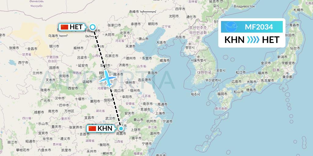 MF2034 Xiamen Airlines Flight Map: Nanchang to Hohhot