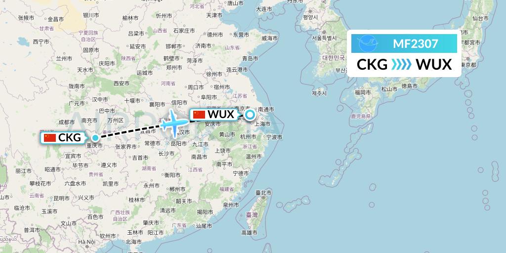 MF2307 Xiamen Airlines Flight Map: Chongqing to Wuxi