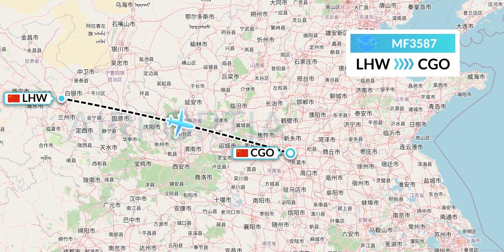 MF3587 Xiamen Airlines Flight Map: Lanzhou to Zhengzhou