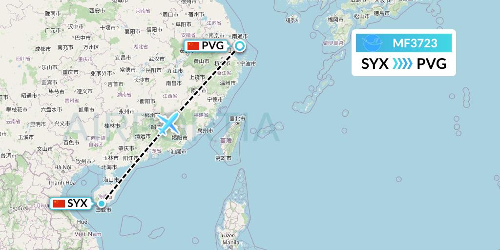 MF3723 Xiamen Airlines Flight Map: Sanya to Shanghai
