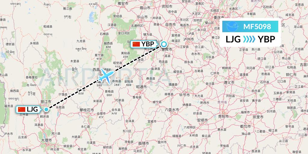 MF5098 Xiamen Airlines Flight Map: Lijiang to Yibin