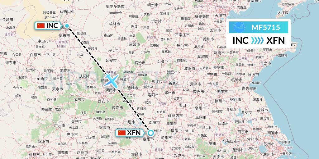 MF5715 Xiamen Airlines Flight Map: Yinchuan to Xiangyang