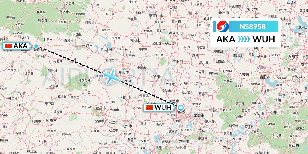 NS8958 Hebei Airlines Flight Map: Ankang to Wuhan