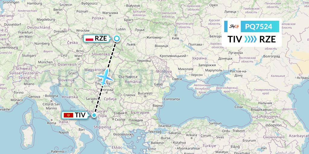 PQ7524 SkyUp Airlines Flight Map: Tivat to Rzeszow