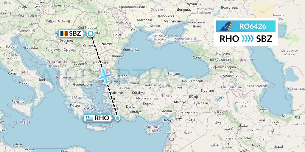 RO6426 Tarom Flight Map: Rhodes to Sibiu