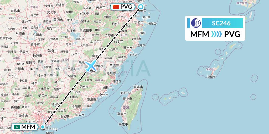 SC246 Shandong Airlines Flight Map: Macau to Shanghai