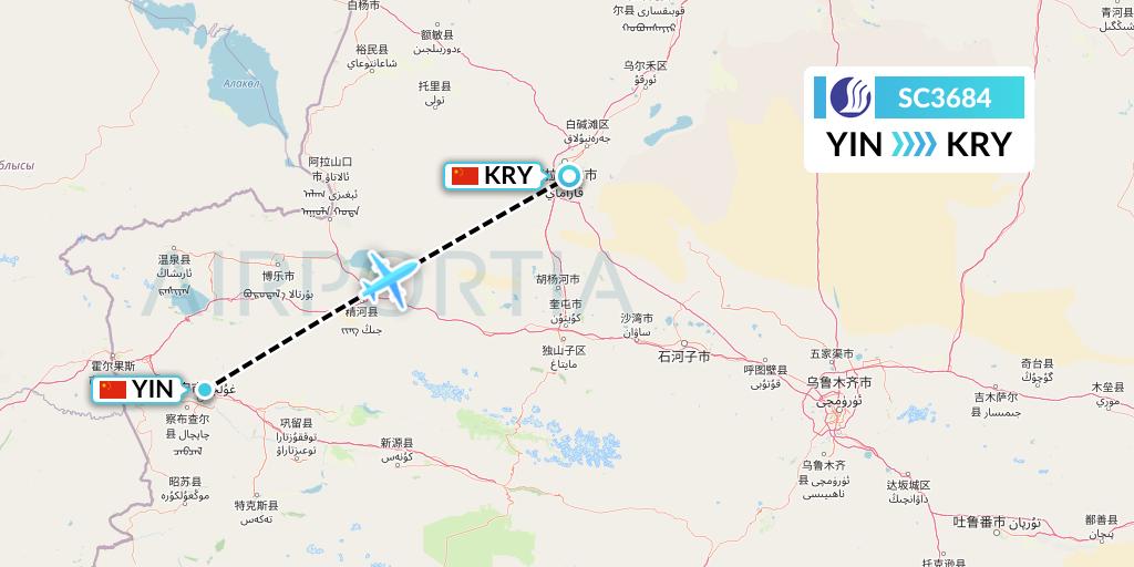 SC3684 Shandong Airlines Flight Map: Yining to Karamay
