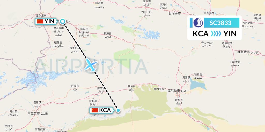 SC3833 Shandong Airlines Flight Map: Kuqa to Yining