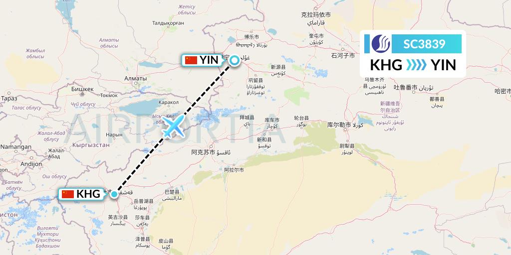 SC3839 Shandong Airlines Flight Map: Kashgar to Yining