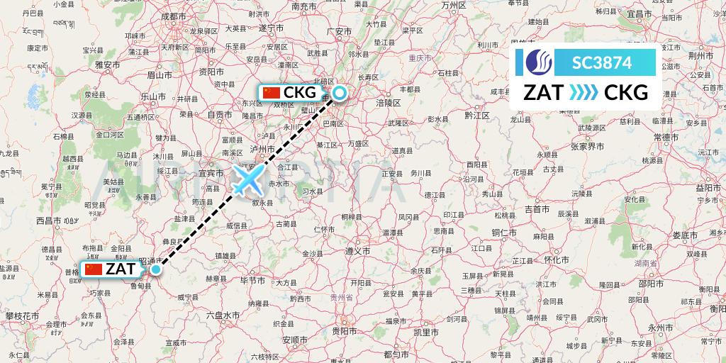 SC3874 Shandong Airlines Flight Map: Zhaotong to Chongqing