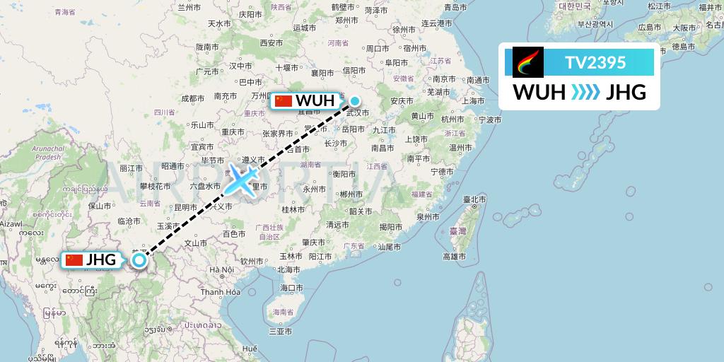 TV2395 Tibet Airlines Flight Map: Wuhan to Jinghong