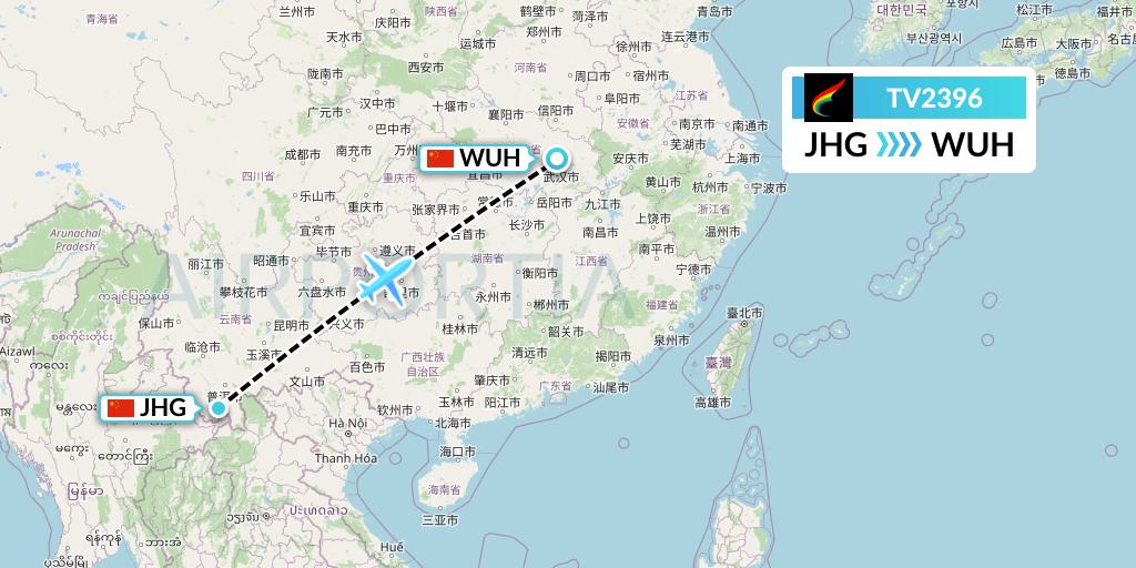 TV2396 Tibet Airlines Flight Map: Jinghong to Wuhan