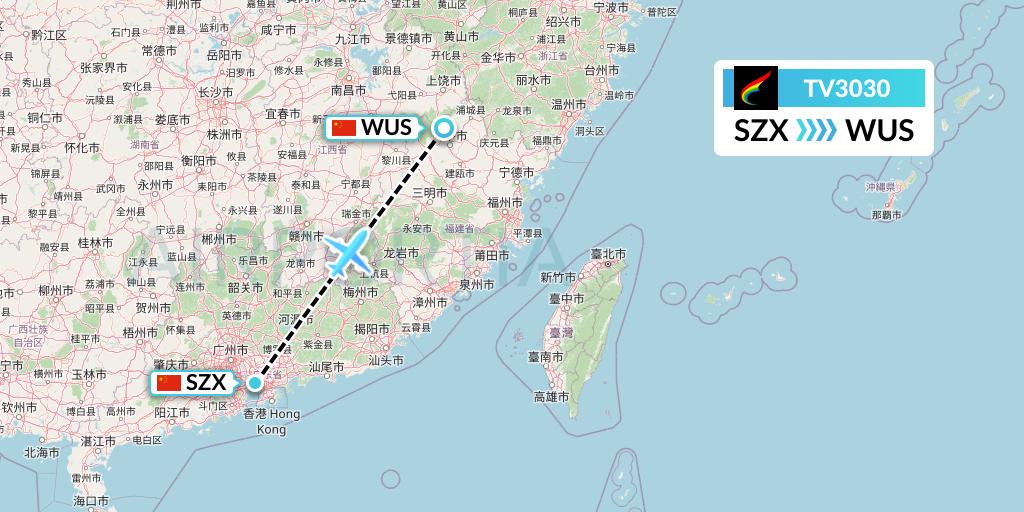 TV3030 Tibet Airlines Flight Map: Shenzhen to Wuyishan