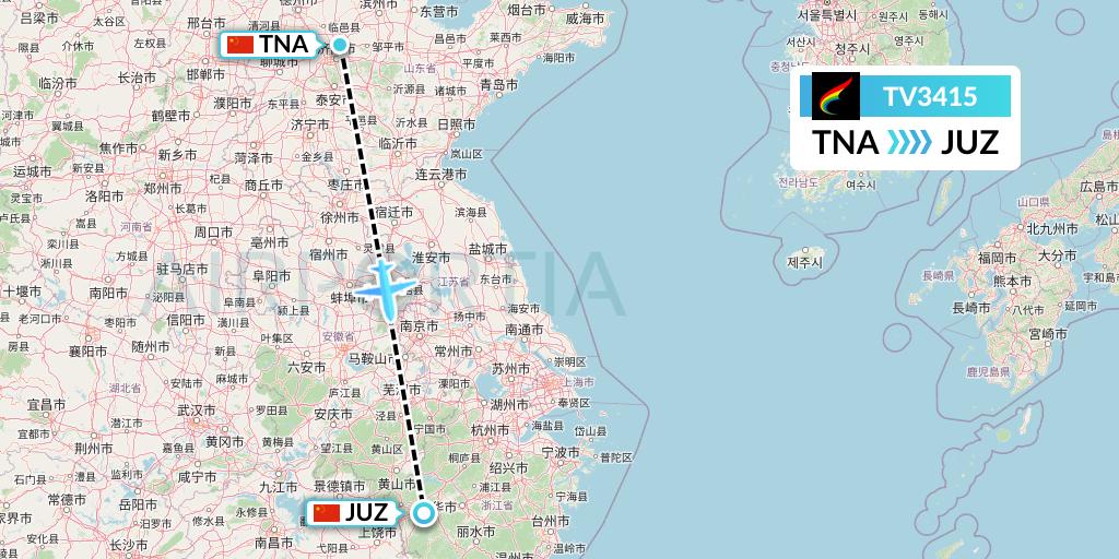 TV3415 Tibet Airlines Flight Map: Jinan to Quzhou