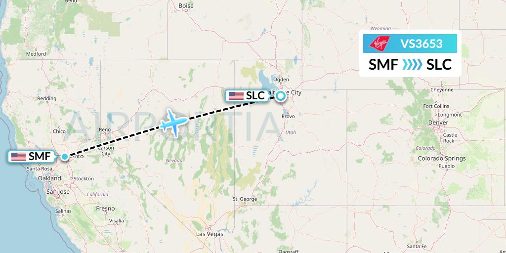 VS3653 Virgin Atlantic Airways Flight Map: Sacramento to Salt Lake City