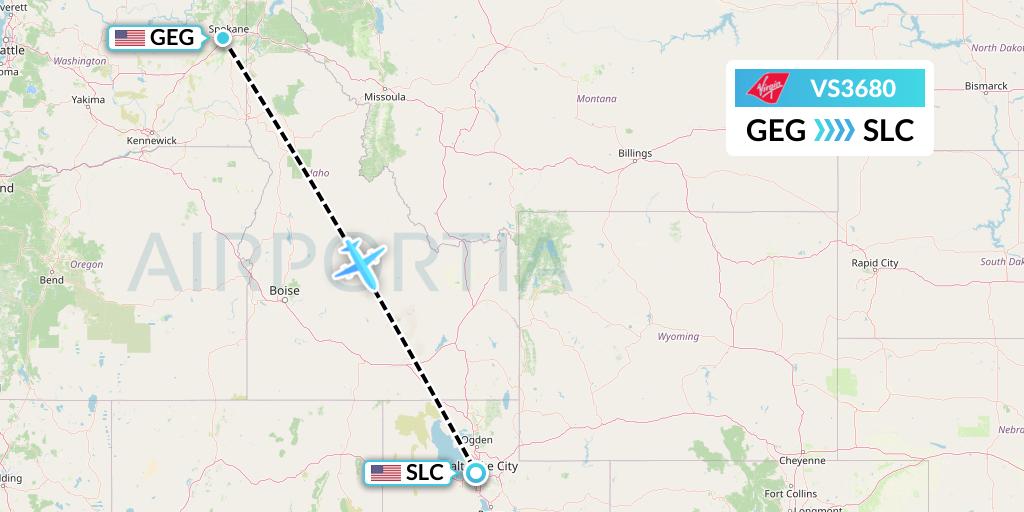 VS3680 Virgin Atlantic Airways Flight Map: Spokane to Salt Lake City