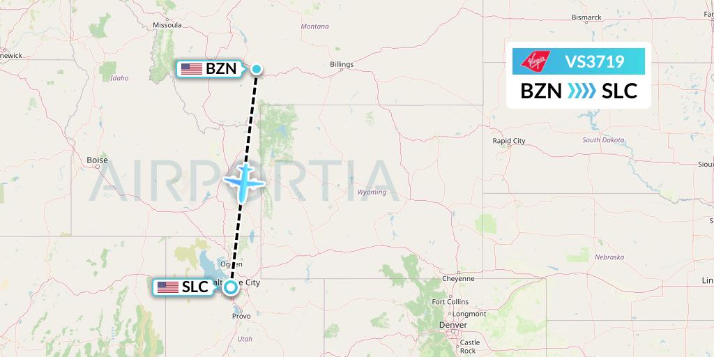 VS3719 Virgin Atlantic Airways Flight Map: Bozeman to Salt Lake City