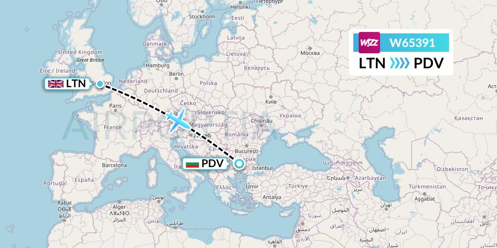 W65391 Wizz Air Flight Map: London to Plovdiv