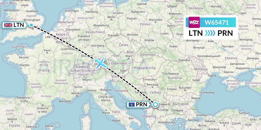 W65471 Wizz Air Flight Map: London to Pristina