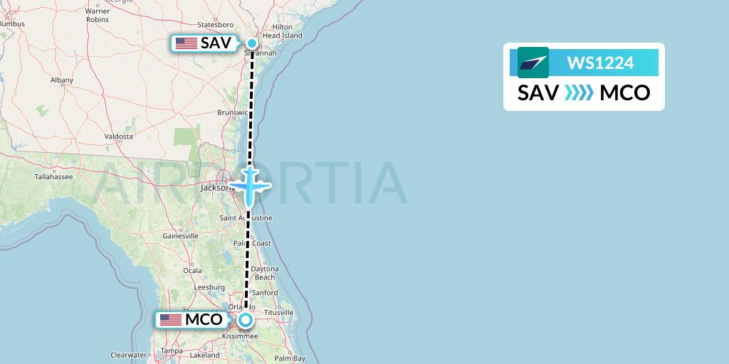 WS1224 WestJet Flight Map: Savannah to Orlando