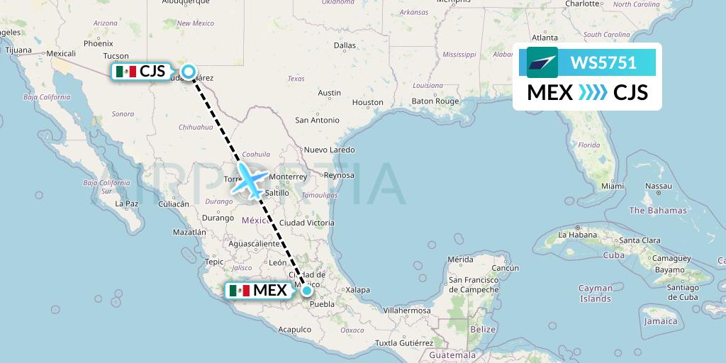 WS5751 WestJet Flight Map: Mexico City to Ciudad Juarez