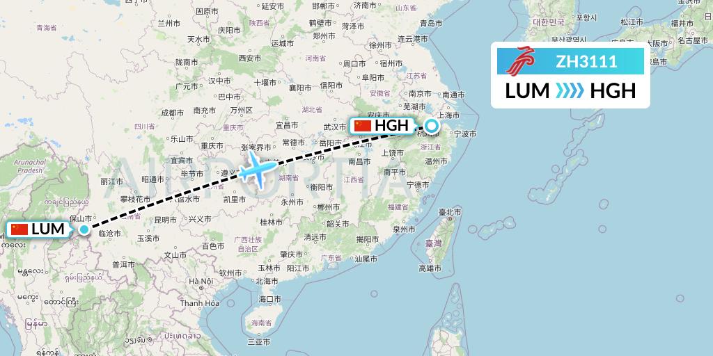 ZH3111 Shenzhen Airlines Flight Map: Mangshi to Hangzhou