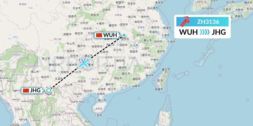 ZH3136 Shenzhen Airlines Flight Map: Wuhan to Jinghong