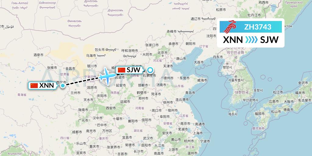 ZH3743 Shenzhen Airlines Flight Map: Xining to Shijiazhuang