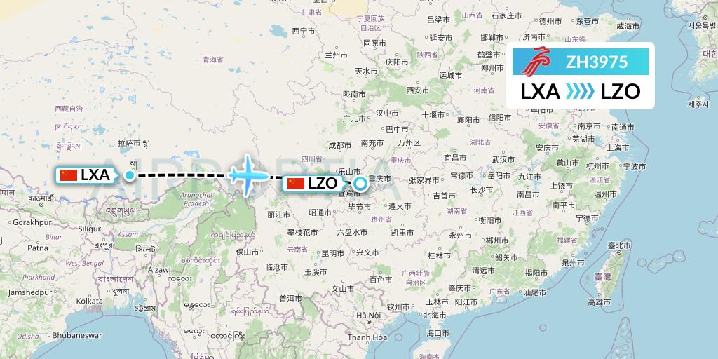 ZH3975 Shenzhen Airlines Flight Map: Lhasa to Luzhou